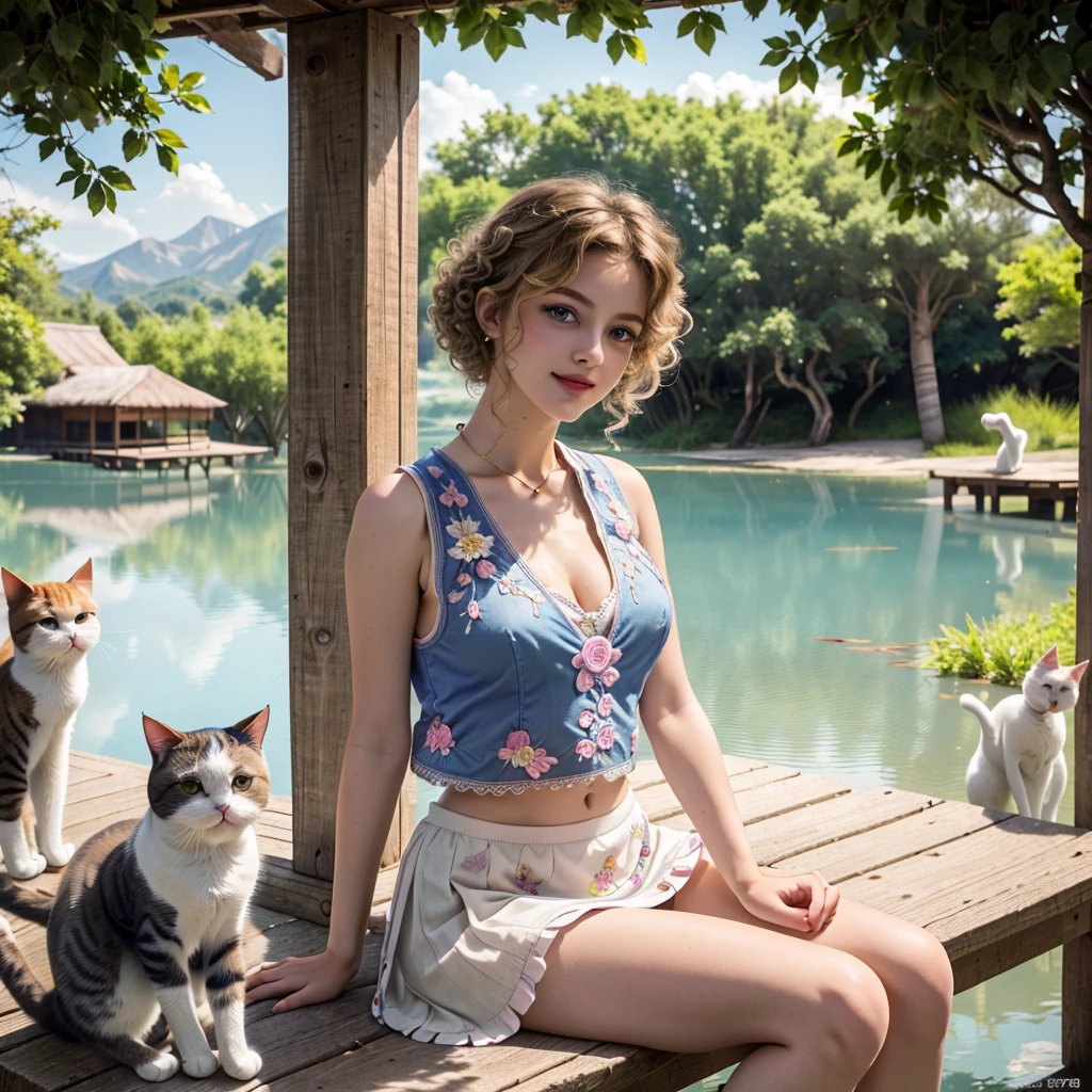 Masterpiece, Best quality, high resolution, realistic , hyperrealism , lifelike photography ,2024s fashion, alluring beautiful full body shot, (((curly blondish brunette very  long hair, blue beautiful eyes))), white skin ,((( beautiful short cut naughty vest with flower embroidery mini skirt ))), beautiful golden  necklaces & bracelets, elegant bearing, beautiful landscape background of a rose & lilac  gardens,  high budget , beautiful mesmerizing face and small nose, extremely long and curly sparkling hair , holding a beautiful orange stray cat , clivage , sunset , pink clouds , yellowish red rays at the horizon, elegant posing, beautiful legs, fit body,(((( gorgeous European woman standing and naughty dynamic posing at the lagoon shores)))),  back shot, side shot , front shot, blue lagoon , full body shot at the frame , naughty smile , deep cut dress,(( very short skirt)) ,windy summer breeze , reasonable naked body parts, reasonable nudity ,((((cute cats sitting around her)))), naughty girl , very cute smile, bra and underwear exposed,(( lingerie )) , 28 years old blonde fresh looking European model , high energy , (very long hair)