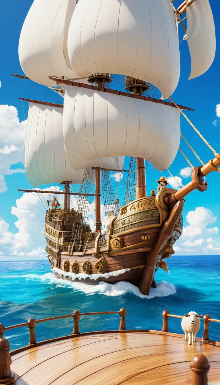 Going Merry ship, One Piece, anime style, wooden sailing ship, sheep figurehead, detailed sails, ocean backdrop, sunny sky, vibrant colors, high detail, animated aesthetic, adventurous scene, iconic vessel