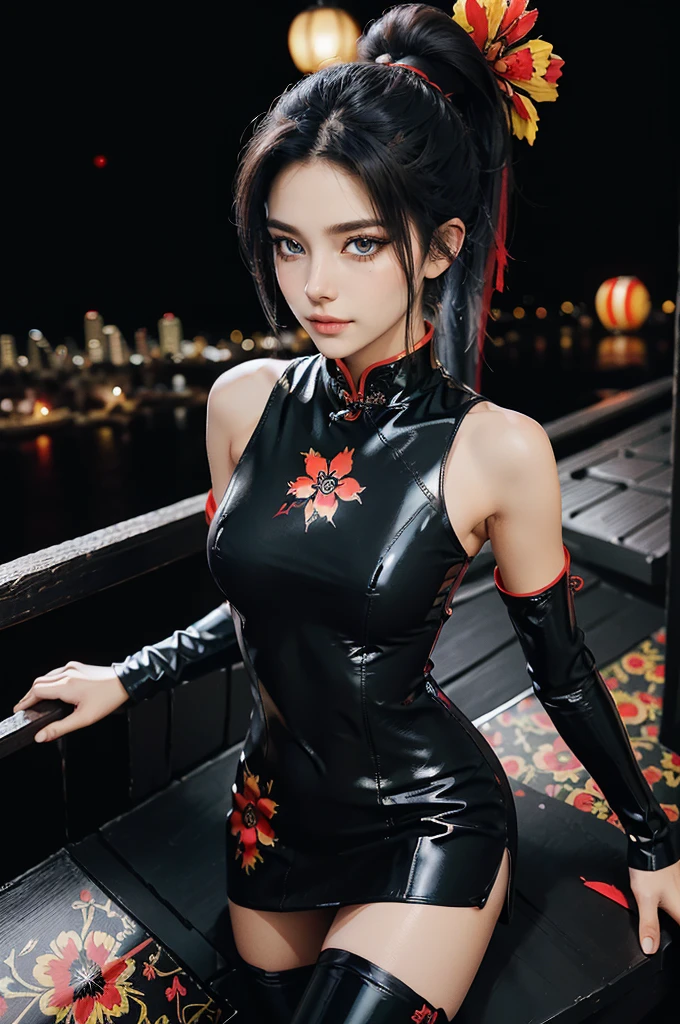 (RAW photo, best quality), Cute girl with short black hair, (ponytail), (city roof at night background), low light , dark eyeliner, innocent smile, gorgeous face , super cute, 18 years old , young looking, hyper detailed face, dark eyeliner, (medium breast), (thin waist, super slender), (bare shoulders, (bare hips), skintight black and red PVC qipao short dress with yellow flower decoration and vivid red patterns, deep black leather thigh high boots, black and red PVC arm sleeves with yellow flower decorations and vivid red patterns