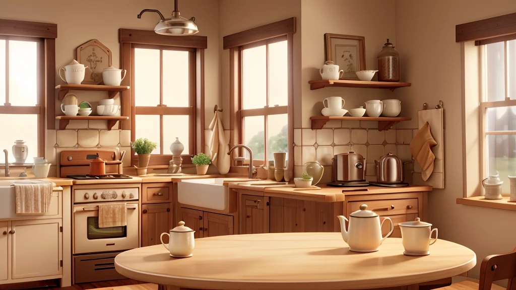 a simple, cozy kitchen scene with a beige kettle steaming on a stove. A round oatmeal cookie and a cup of tea sit on a small table by a window, with morning light softly illuminating the room.