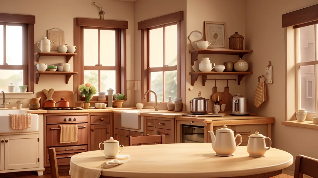 a simple, cozy kitchen scene with a beige kettle steaming on a stove. A round oatmeal cookie and a cup of tea sit on a small table by a window, with morning light softly illuminating the room.