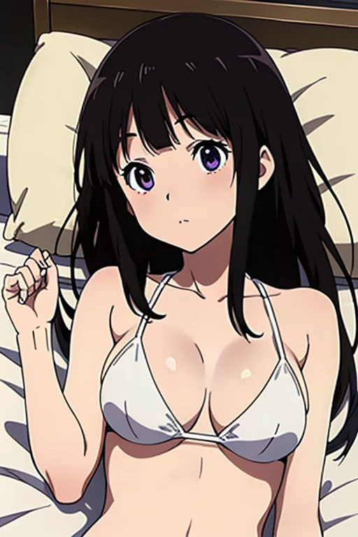 (anime cels style, megami magazine, poster style, best quality, high resolution, sharp image, 8k wallpaper, masterpiece), (beautiful detailed eyes, beautiful detailed face), Chitanda Eru, (black hair, long hair), blush, (large breasts), white bikini, (upper body, lying, on back, lie on bed:1.5), simple background, (perfect detailed anatomy, perfect detailed body, perfect arms, perfect fingers, shiny skin)
