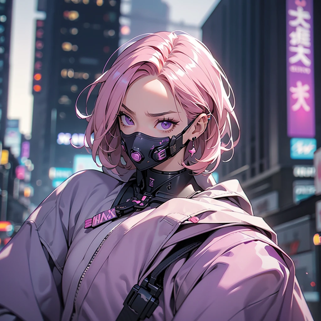 (masterpiece), best quality,1girl, short pink hair, purple eyes, sexy urban techwear, blurry background, eye focus, finger on lip, cowboy shot, huge city background, lora:GirlfriendMix2:1, zydG, looking over back, dramatic light, cinematic light, angry face, cyber masker, mouth mask, covered mouth