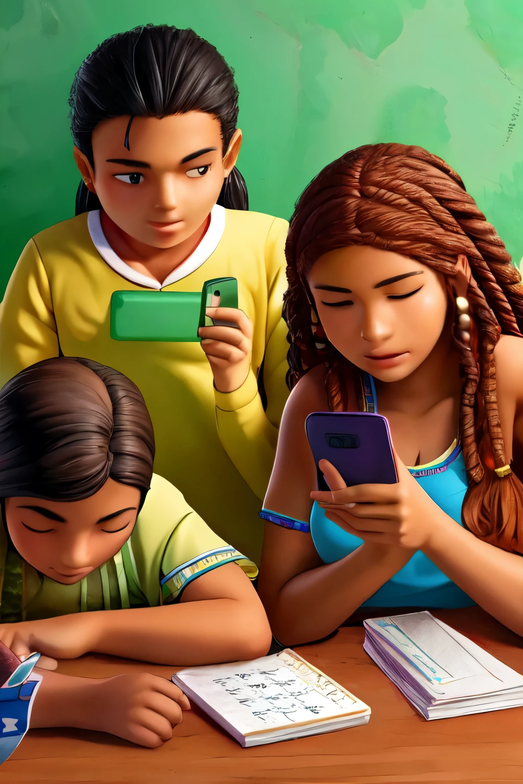 Colombian teenage students from indigenous people in a maloka solving mathematical exercises with a cell phone