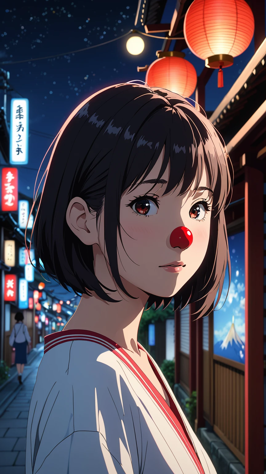 High resolution, shape, Kyoto Animation Style, Your Name Movie Style, night, midnight, Light, (1 female: 1.3), (alone: 1.4), Long eyelashes, Short Bob, Red nose