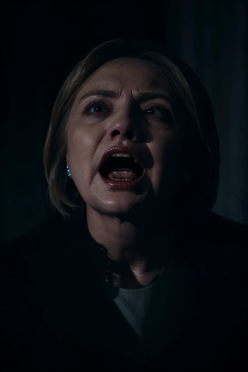 a ghostly apparition of hillary clinton screaming in agony, highly detailed, hyperrealistic, photorealistic, 8k, detailed facial features, haunting expression, ethereal lighting, dramatic shadows, dark moody atmosphere, ominous presence, supernatural elements, cinematic composition, gothic aesthetics, dramatic chiaroscuro lighting, photographic quality
