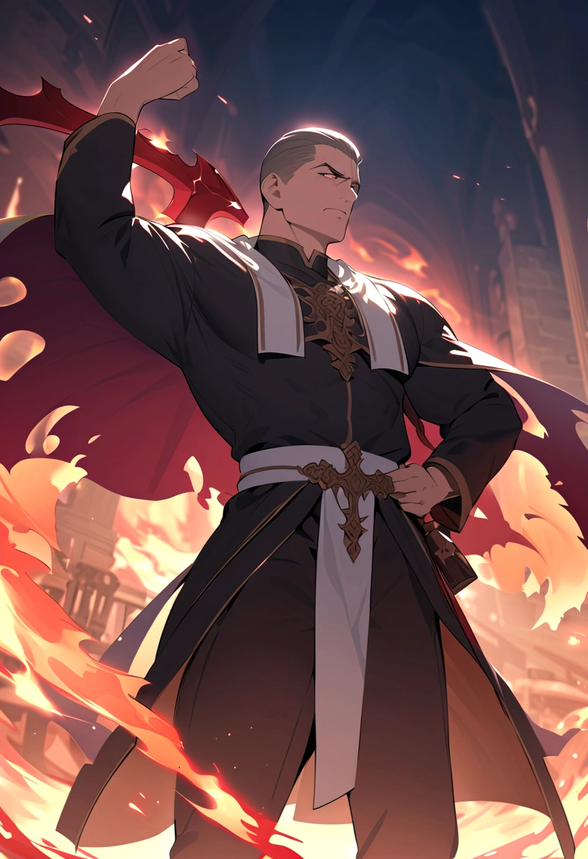Create an image with a muscular maromba priest in a cassock tearing up with so much muscle the priest has a brave face with a crucifix in his hand expelling demons with a background of fire the desperate demon full hd