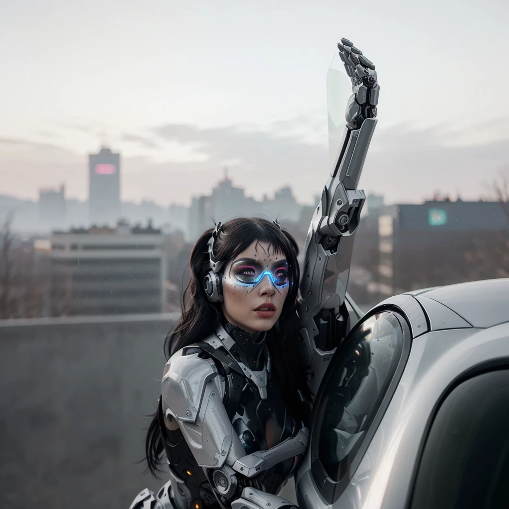 futuristic robo woman , chilean, ash gray high hair bun with short straight bangs, dark brown eyes, transparent futuristic googles , glossy light gray matte lipstick, futuristic metallic makeup, futuristic headset, liquid metal body coating, chrome goddess, parted lips, leaning out the window of a car, UP to down angle ,surprised, check in a mirror, fisheye, Lens distortion, grande angular