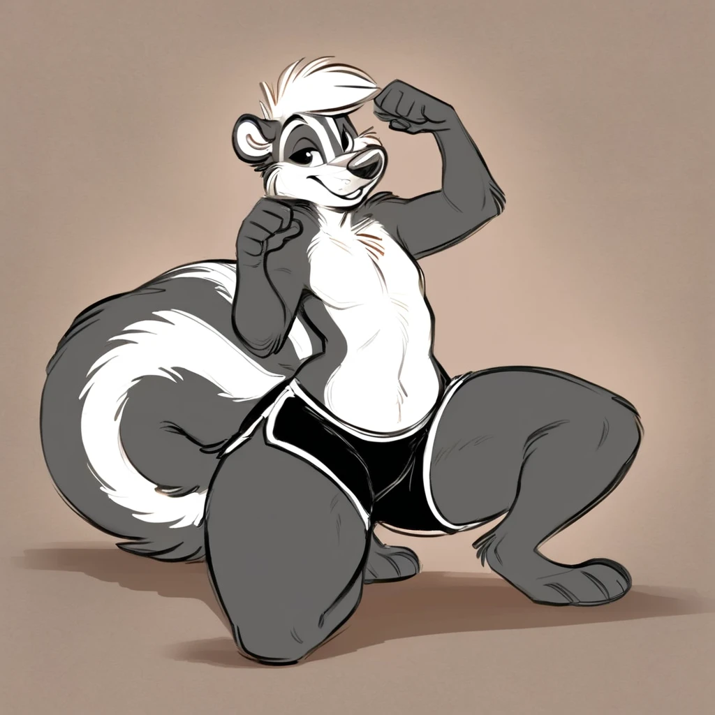 A anthropomorphic skunk, wearing black swimming shorts, doing a sitting pin up pose, has thick thighs, high quality, crisp, 