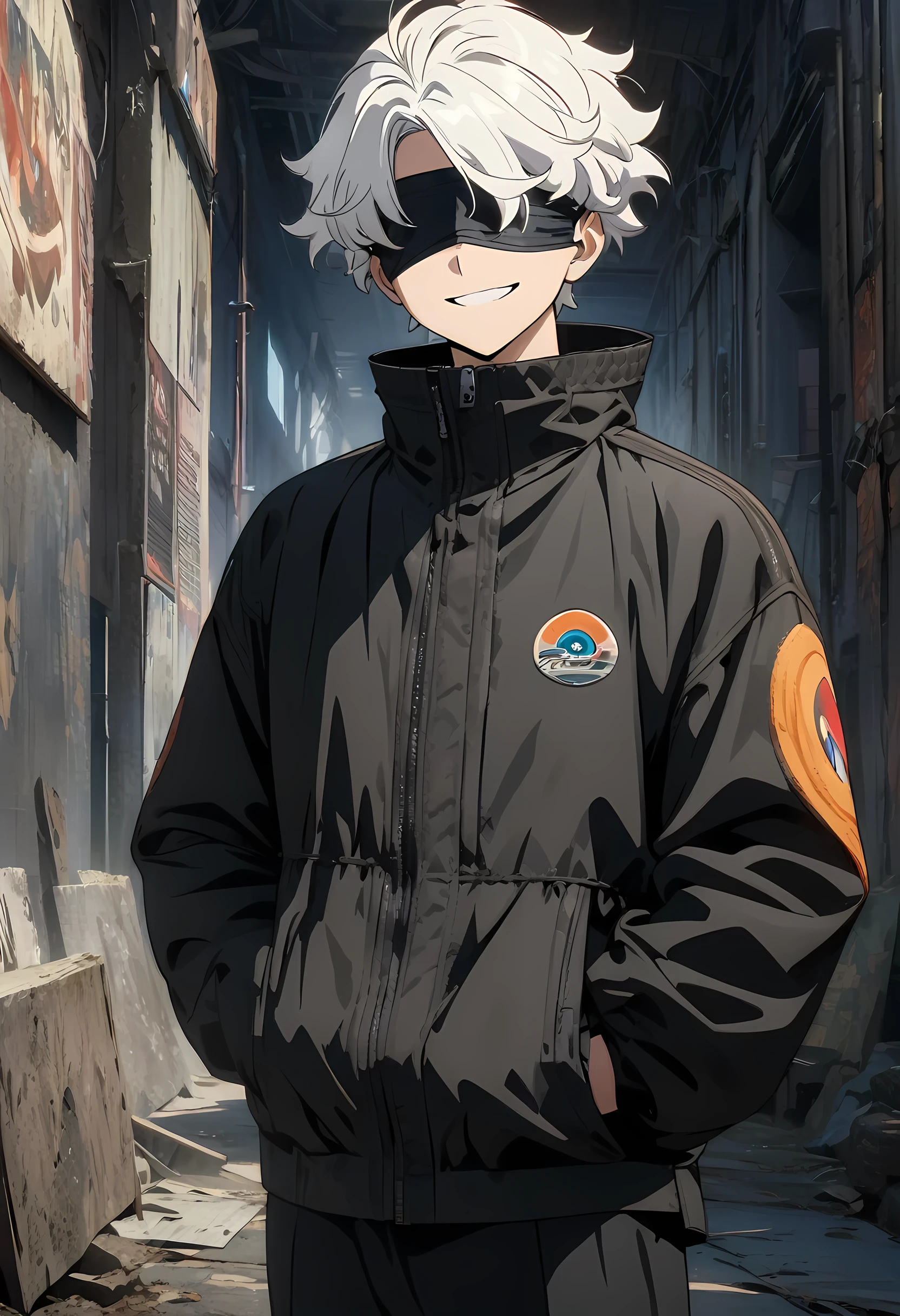 Masterpiece, Best Quality, High Resolution, Detailed, 8K, Official Art, Anime Style, Portrait, 1 Boy, solo,Short Hair, White Hair, Blindfolded Eyes, High Collar, Black Jacket, Black Pants, Standing, Hands in Pockets, Smiling Face With Camera