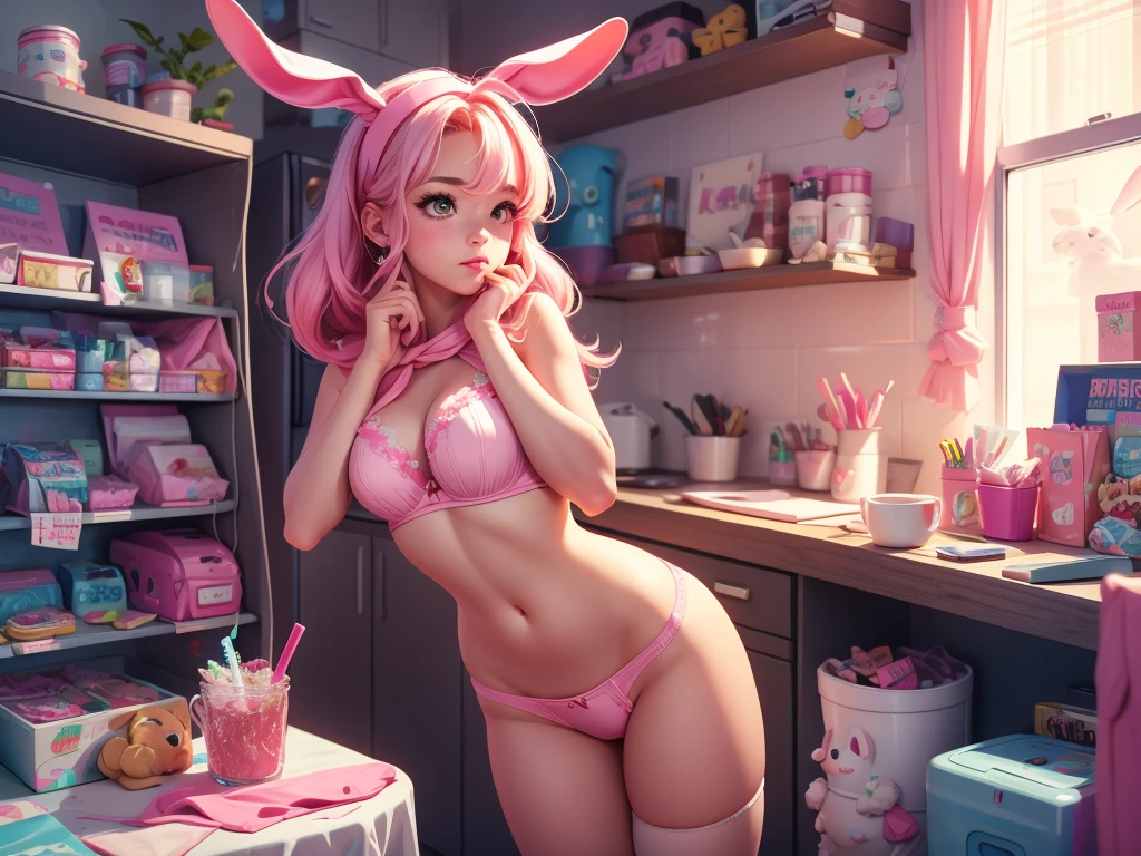 age bunny girl dirty room at night, retro old pink bed, bras, panties, underwear scattered, PlayStation 5 and controller, PC and monitor, bunny art on display monitor, window, pink and blue light entering the room, junk food, cup noodle and DRINK jars and cans are scattered, trash cans are overflowing. The walls are bare with cables and wiring, only the appliances are futuristic, sparkling dust is flying around the room, night, HD, 8K, masterpiece, real texture.