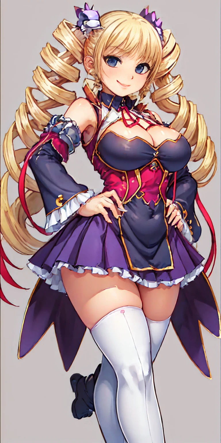 Stand upright and symmetrical, Huge breasts(masterpiece, Highest quality:1.2), Cowboy Shot, alone, 1 female, Square, smile, View your viewers, Hands on hips, Twin tails, Twin Drill, dress, White tight thigh high socks, Striped pantyhose, Handcuffed, Has a collar around the neck Flat color painting