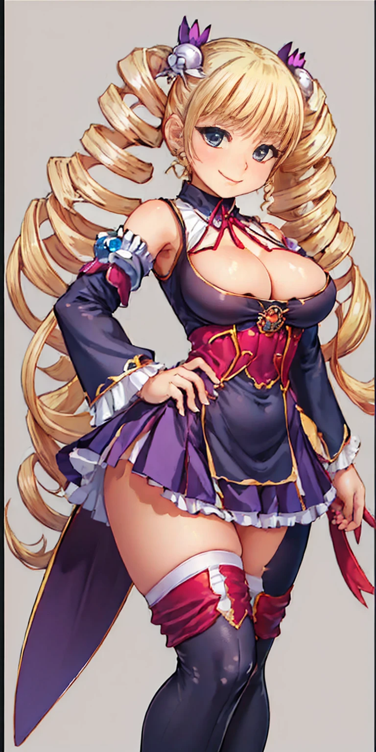 Stand upright and symmetrical, Huge breasts(masterpiece, Highest quality:1.2), Cowboy Shot, alone, 1 female, Square, smile, View your viewers, Hands on hips, Twin tails, Twin Drill, dress, White tight thigh high socks, Striped pantyhose, Handcuffed, Has a collar around the neck Flat color painting