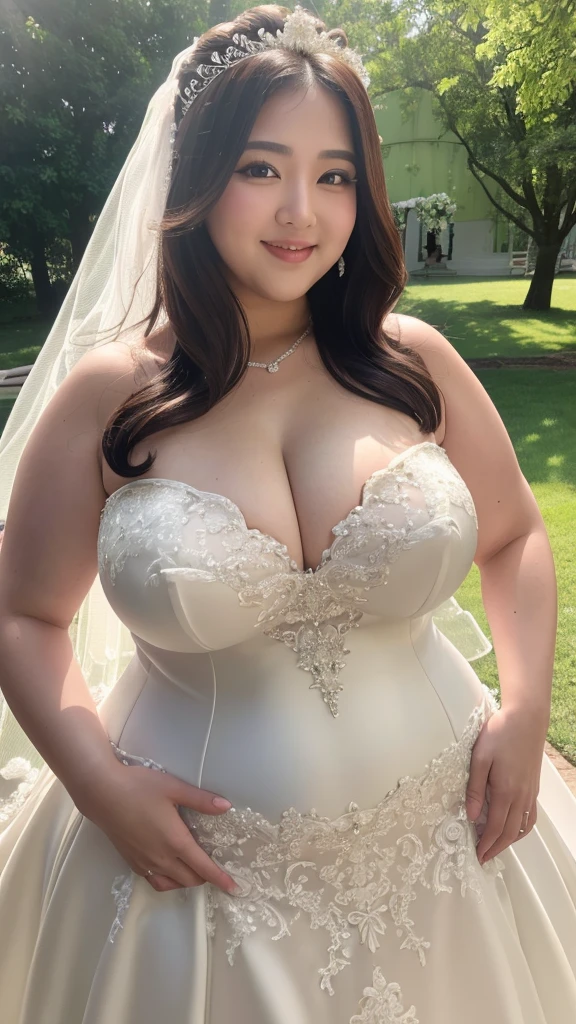 (8k, ultra-high resolution, highest quality, masterpiece:1.2), ultra-realistic, (realistic, photorealistic:1.37), (realistic skin:1.2), ultra-detailed, Canon EOS RP, 8k, Korean mature woman, smiling, (super obese:1.3), (((super curvy,))) ((super voluptuous,)) adult model, standing still, ((full body shot)), thick ankles, (short hair), (wedding dress:1.5), (wedding venue), (wedding ceremony),
