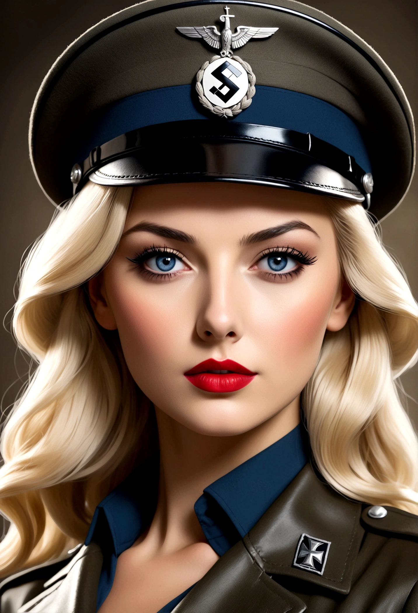 Create an image of the most stunningly beautifully WWII German SS elite women, Stunningly gorgeous beautiful perfect face, long luscious eyelashes, black eyeliner, perfect makeup, lipstick, vibrant sapphire eyes, perfect smooth skin, long platinum blonde hair, perfect hour glass body figure, dominatrix lingerie, seductive pose, WWII German SS Elite Officer HAT Officer Army leather Visor Crusher Cap Black,