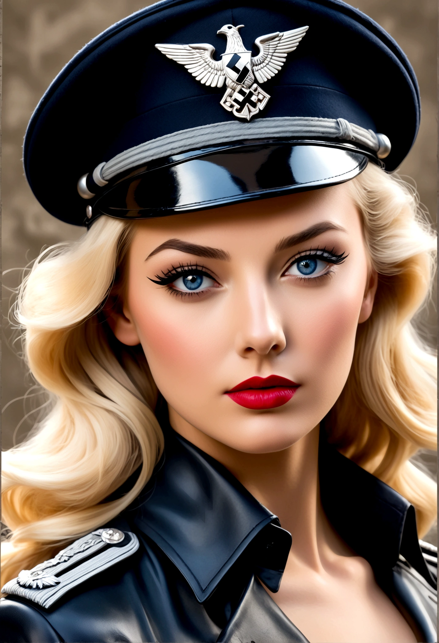 Create an image of the most stunningly beautifully WWII German SS elite women, Stunningly gorgeous beautiful perfect face, long luscious eyelashes, black eyeliner, perfect makeup, lipstick, vibrant sapphire eyes, perfect smooth skin, long platinum blonde hair, perfect hour glass body figure, dominatrix lingerie, seductive pose, WWII German SS Elite Officer HAT Officer Army leather Visor Crusher Cap Black,