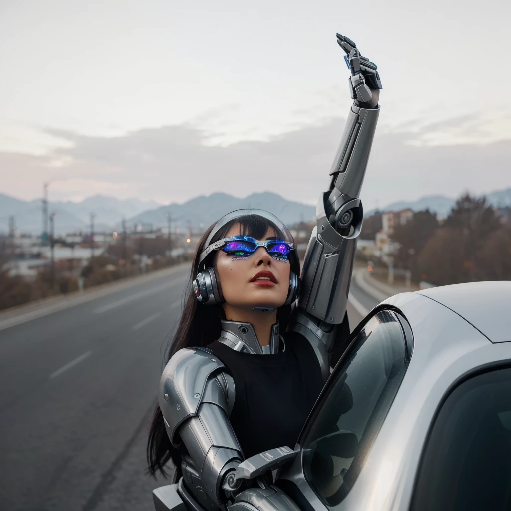 futuristic robo woman , chilean, ash gray high hair bun with short straight bangs, dark brown eyes, transparent futuristic googles , glossy light gray matte lipstick, futuristic metallic makeup, futuristic headset, liquid metal body coating, chrome goddess, parted lips, leaning out the window of a car, UP to down angle ,surprised, check in a mirror, fisheye, Lens distortion, grande angular