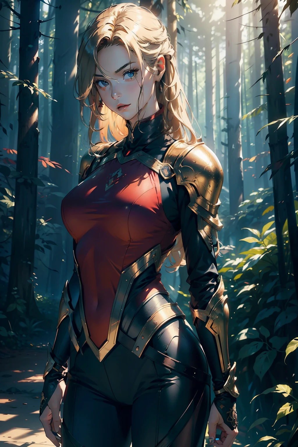 (Masterpiece), Solo, Human Woman, wearing a red shirt and black pants, with light armor on shoulders and arms, long, messy, blonde hair, slender and very attractive body, In a deep forest, (Perfect Body:1.2), (Extremely Detailed Face:1.2), (Perfect Hands:1.2), (Five Fingers:1.2), (Masterpiece:1.3), (Highest Quality:1.3), High Resolution, HD, Hyper-detailed, intricately textured armor, dynamic lighting, lifelike shadows, cinematic composition. The woman stands confidently, displaying her slender