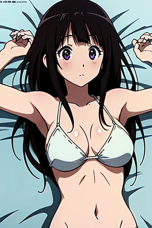 (anime cels style, megami magazine, poster style, best quality, high resolution, sharp image, 8k wallpaper, masterpiece), (beautiful detailed eyes, beautiful detailed face), Chitanda Eru, (black hair, long hair), blush, (huge breasts), white bikini, (upper body, lying, on back, lie on bed:1.5), simple background, (perfect detailed anatomy, perfect detailed body, perfect arms, perfect fingers, shiny skin)