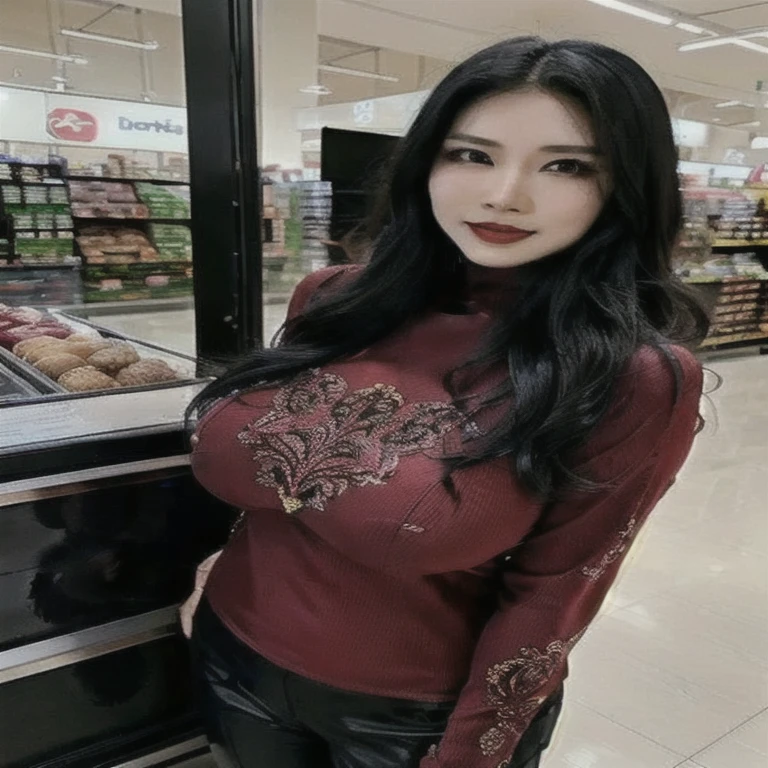 Araffe lady in red top standing in front of donut display area, beautiful south Korean woman, Korean woman, Korean Girl, beautiful Asian Girls, gorgeous young Korean woman, beautiful Asian woman, Asian Girls, an Asian woman, Asian woman, Asian Ultra Detailed, Asian women, beautiful young Korean woman, Beautiful lady, Asian women, star trek Asian woman(((Cleavage)))