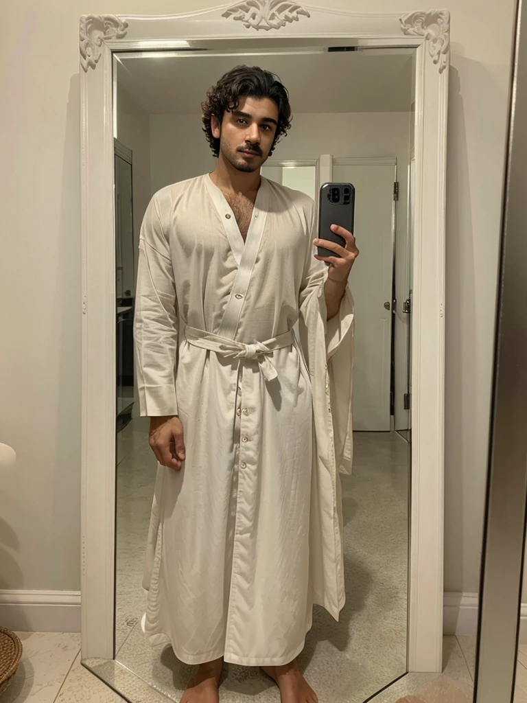 Handsome boy , light mustache, hot body , medium curly hair , mirror selfie, best quality like its taken by iPhone 12 , wearing saudi thobe