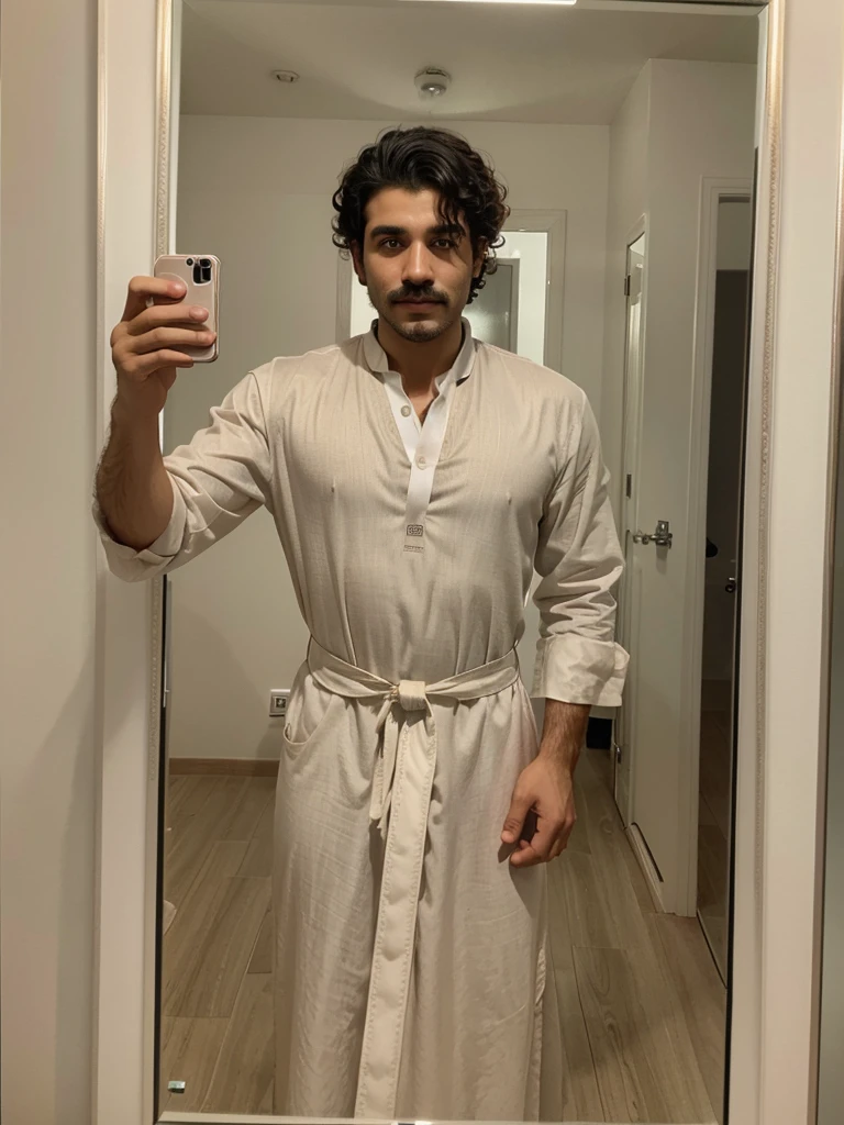 Handsome boy , light mustache, hot body , medium curly hair , mirror selfie, best quality like its taken by iPhone 12 , wearing saudi thobe