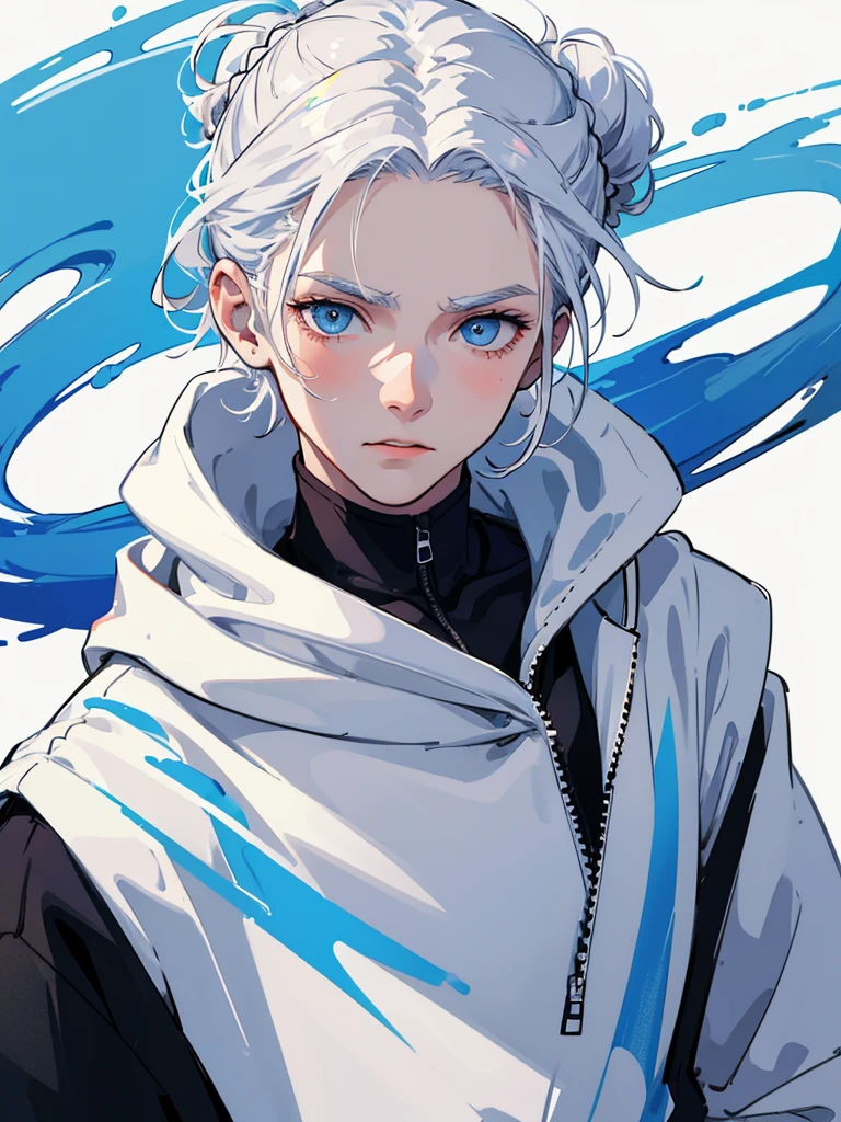 1 men, boy, teenager, shoulder-length white hair tied in a bun, wearing a hoodie, blue eyes, smoking, detailed portrait, 8k, detalised