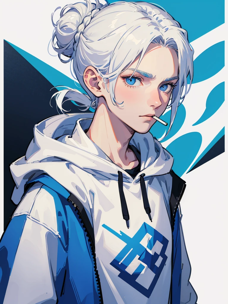 1 men, boy, teenager, shoulder-length white hair tied in a bun, wearing a hoodie, blue eyes, smoking, detailed portrait, 8k, detalised