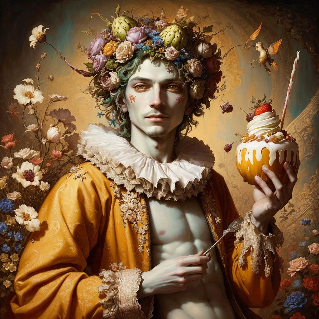 painting of a man with a fruit crown holding a cupcake, jean-sebastien rossbach, magical realism bizarre art, inspired by James C. Christensen, esao andrews : : ornate, inspired by james christensen, michael hussar, adrian borda, jester, beeple and jeremiah ketner, inspired by Michael Cheval, benjamin lacombe