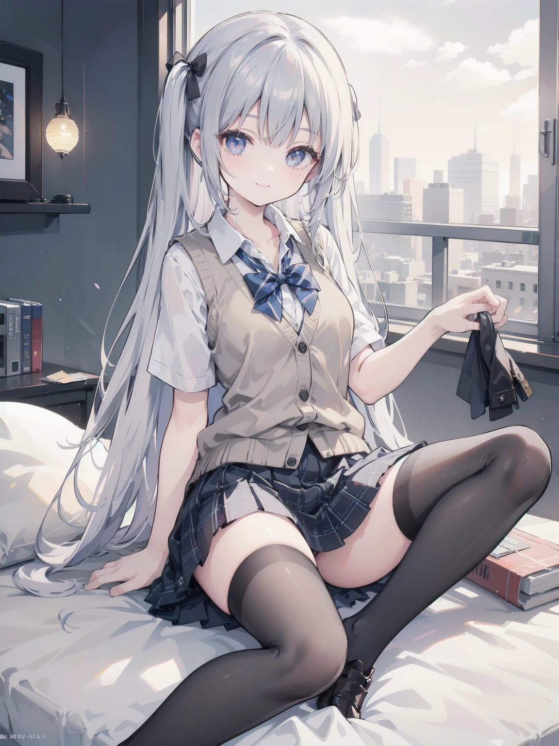 absurdres, absolutely resolution, incredibly absurdres, highres, ultra detailed, official art, unity 8k wallpaper,
BREAK
1 girl, soro, twintails, bow, cardigan vest, short sleeve shirt, plaid skirt, over black legwear, loafers, smile, Sexual girl, seducing men, colourful, bewitching eyes,