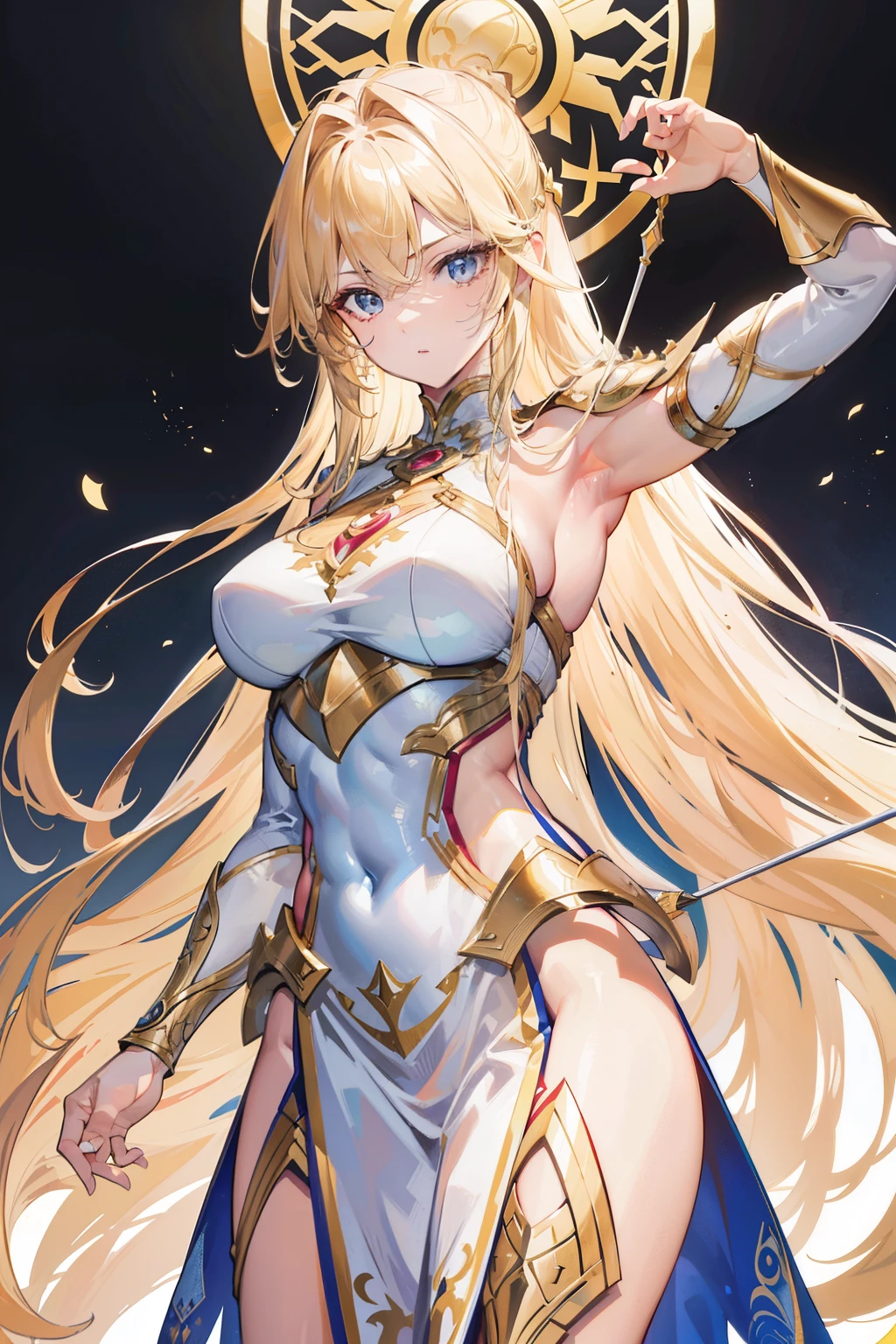 A solitary female archer, adorned in light armor, long, tangled, golden hair cascades down her back, a perfectly sculpted and very attractive body (body perfection: 1.2), a highly detailed face (face detail: 1.2), perfectly shaped hands (hand perfection: 1.2) with five slender fingers, all part of a masterpiece (masterpiece: 1.3) of the highest quality (best quality: 1.3) and super detailed (super detailed: 1.3), in high-resolution, HD.