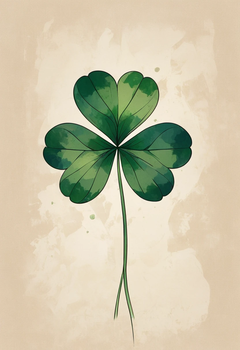 modern art illustration in bohemian style, representing "a single 4-leaf clover" on a beige background in a minimalist style