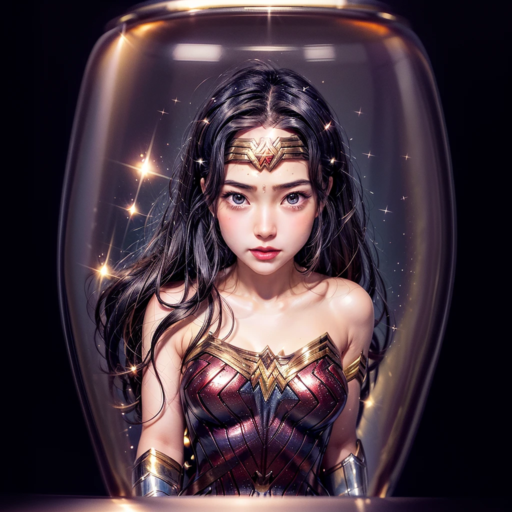 High-level, 8K Masterpiece TopQuality, Ultra-detailed CG, Absurd detailed wallpaper, PerfectLighting, Extremely detailed (((Personifying " Sexy Wonder Woman " as a KAWAII Girl))), Characteristic Items, aesthetic LifeLike Rendering, MysticSight,
Haze Tyndall Scattering, (Studio GRAY Background with (Oodles Dazzling RainbowColorParticles (BokeH))), (((Assfocus)) RoundlyButts ThighGap), (Exposed:0.9) NSFW 🔞 BREAK (Acutance:0.8), (NOGIZAKA FaceVariations) Extremely Detailed very KAWAII FaceVariations, Childish CaptivatingGaze ElaboratePupils Detailed Eyes with (SparklingHighlights:1.28), (Voluminous LongEyelashes:0.88)、Glossy RedLips with beautiful details, CoquettishTongue, RosyCheeks, Radiant PearlSkin with Transparency, Glowing DowneyHair . { (Dynamic LifeLike expressions:1.4) | (:d) }, (large eyes:-1) .((lying forward in container))