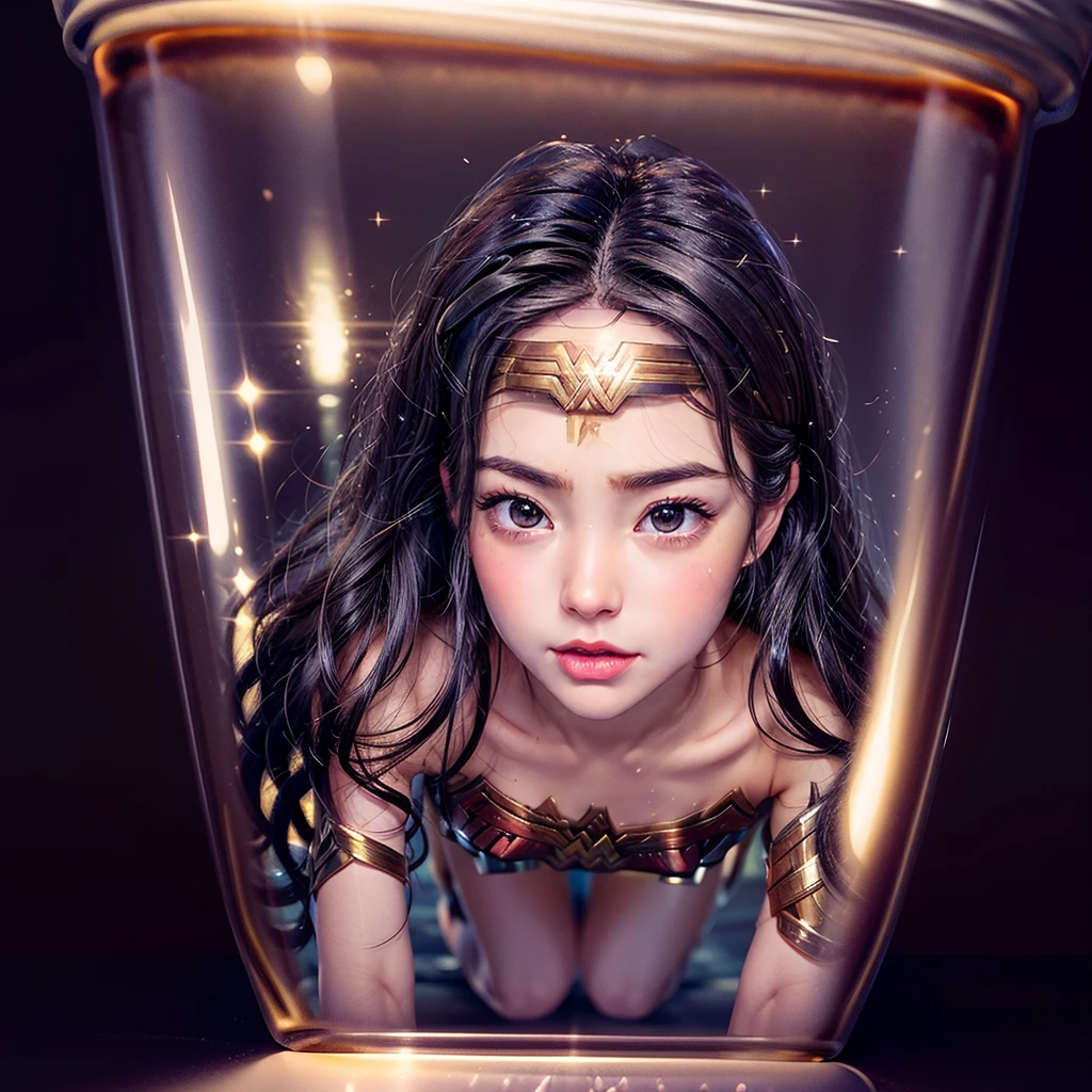High-level, 8K Masterpiece TopQuality, Ultra-detailed CG, Absurd detailed wallpaper, PerfectLighting, Extremely detailed (((Personifying " Sexy Wonder Woman " as a KAWAII Girl))), Characteristic Items, aesthetic LifeLike Rendering, MysticSight,
Haze Tyndall Scattering, (Studio GRAY Background with (Oodles Dazzling RainbowColorParticles (BokeH))), (((Assfocus)) RoundlyButts ThighGap), (Exposed:0.9) NSFW 🔞 BREAK (Acutance:0.8), (NOGIZAKA FaceVariations) Extremely Detailed very KAWAII FaceVariations, Childish CaptivatingGaze ElaboratePupils Detailed Eyes with (SparklingHighlights:1.28), (Voluminous LongEyelashes:0.88)、Glossy RedLips with beautiful details, CoquettishTongue, RosyCheeks, Radiant PearlSkin with Transparency, Glowing DowneyHair . { (Dynamic LifeLike expressions:1.4) | (:d) }, (large eyes:-1) .in container