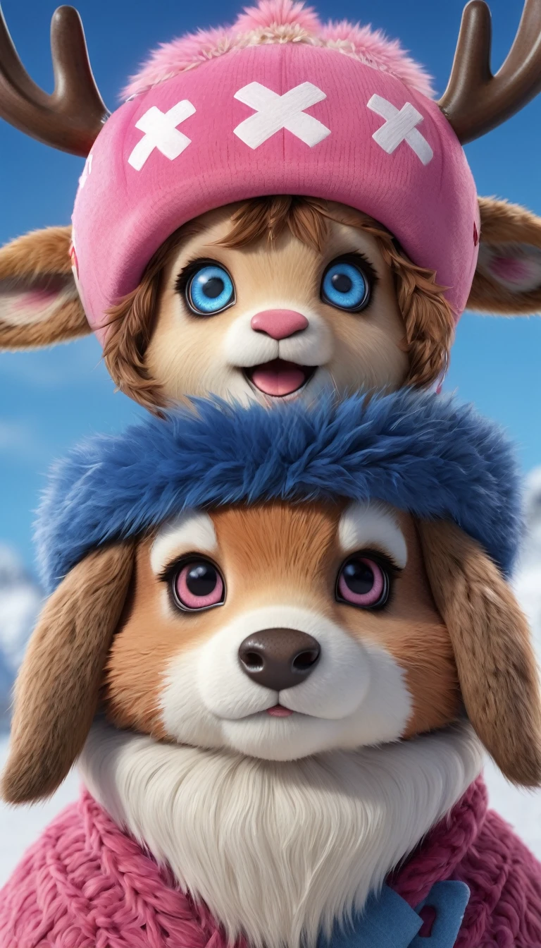 Photorealistic Chopper, One Piece, anime character, reindeer-human hybrid, blue hat with a pink cross, brown fur, large eyes, adorable expression, lifelike textures, detailed, natural lighting, realistic fur, cinematic shot, high resolution.