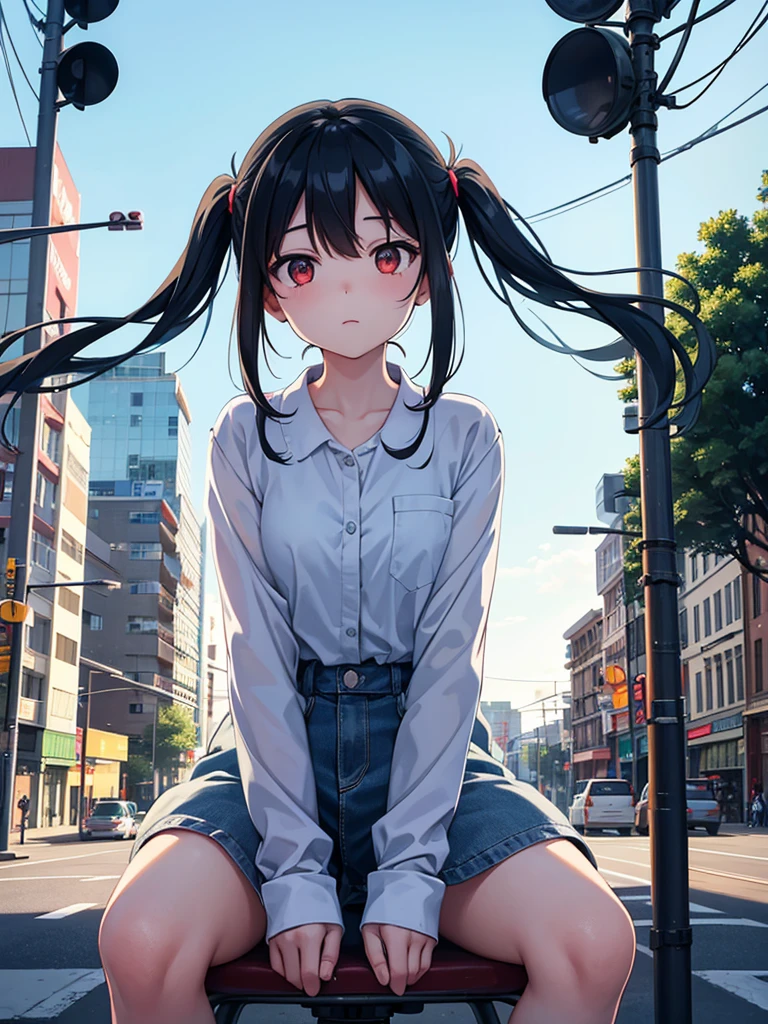 There is a woman sitting on a traffic light with the sky in the background, Light blue long hair、Beautiful girl with twin tails、The traffic light is flashing red、 Lo-fi art style, Nostalgic and melancholic artwork,