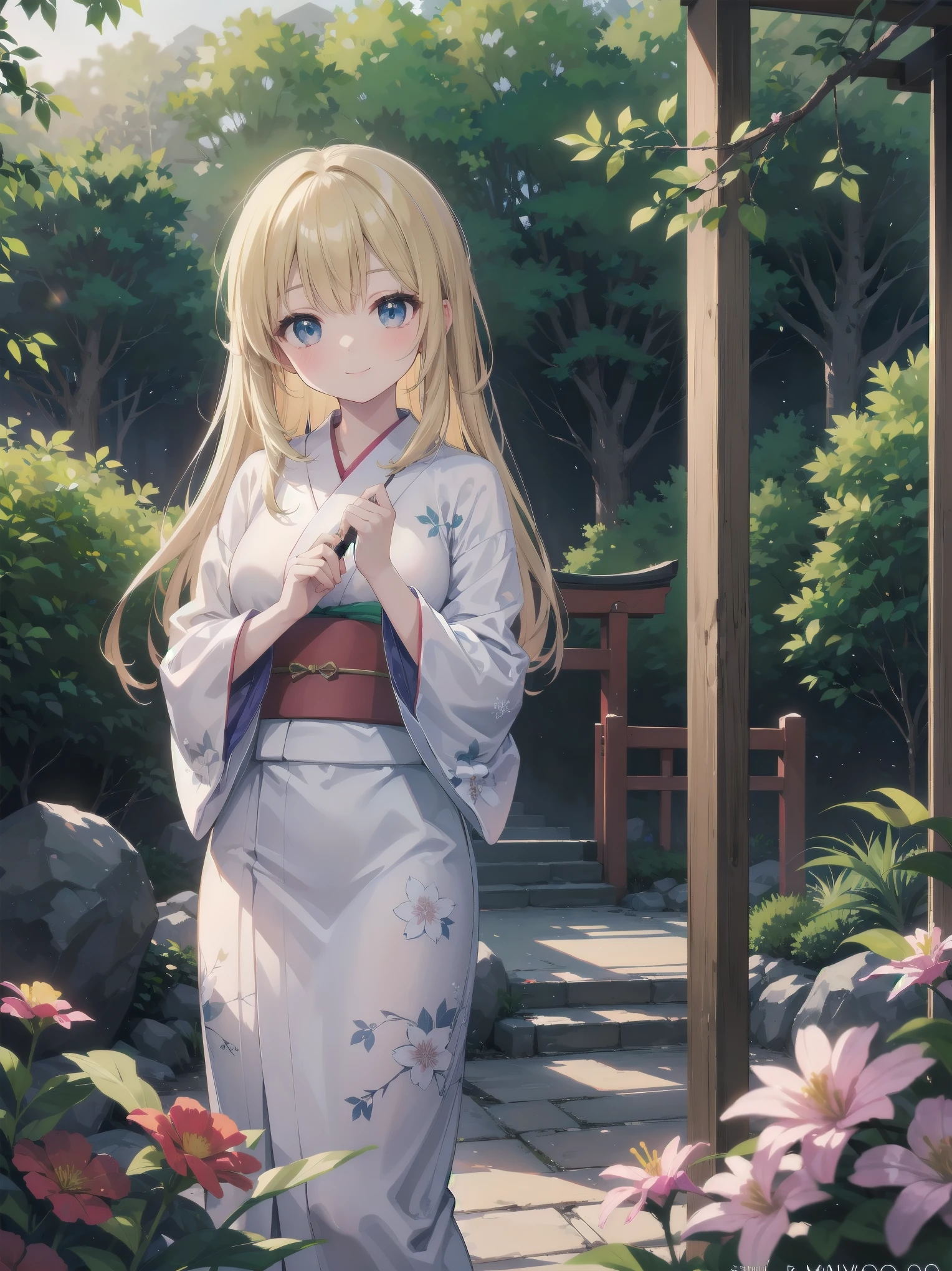 Subject: pretty beautiful girl
Subtitle: {Long, straight blonde hair}{Japanese-style yukata}{Posing picking flowers}{Japanese garden}{Smiling demurely}{Mirrorless camera, f/1.8, 1/400 sec, ISO 800, soft focus effect}
A beautiful girl with long, straight blonde hair stands in a quiet Japanese garden. She is wearing a beautiful Japanese yukata and is elegantly picking flowers. Her modest smile enhances her elegance and makes for a memorable scene. In the background is a lush green Japanese garden, which gives the scene a traditional beauty. The photo was taken with a mirrorless camera at f/1.8 aperture, shutter speed 1/400 sec, ISO 800, and the soft-focus effect adds to the soft, magical atmosphere.