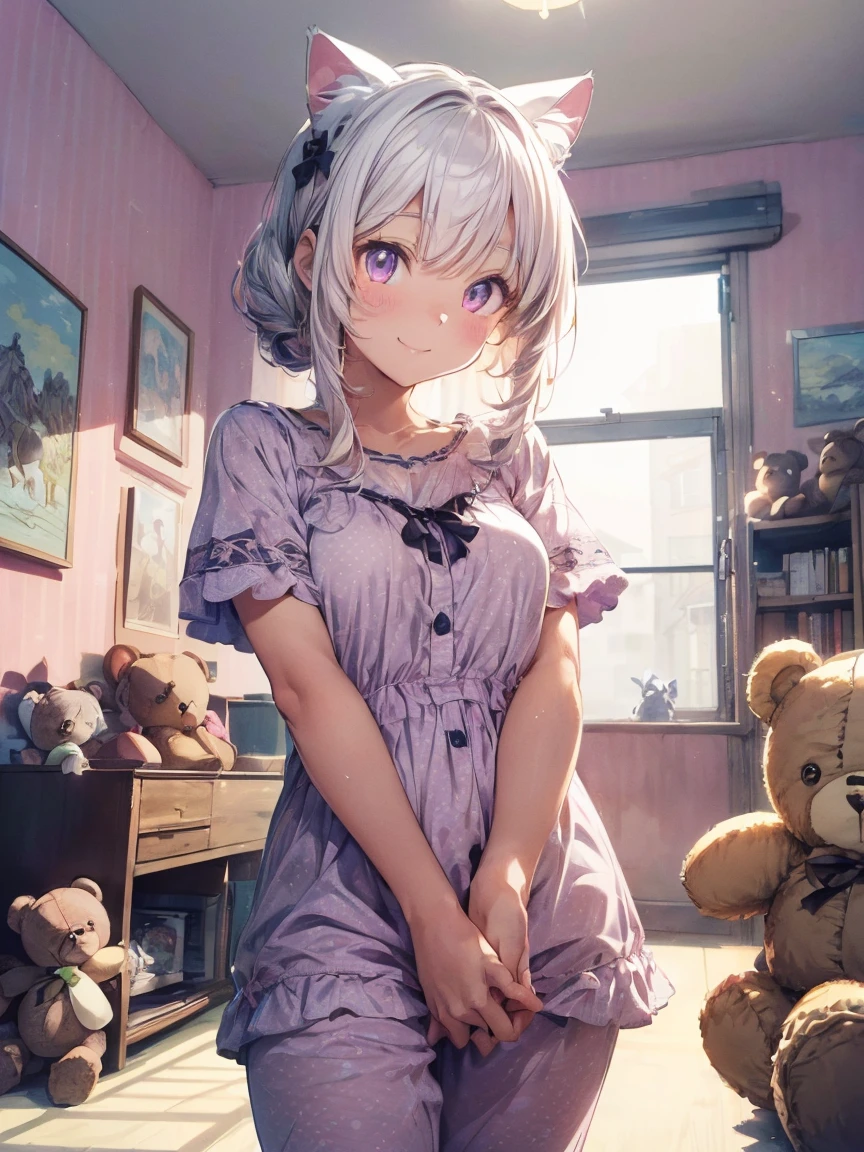 (((masterpiece))), (((Highest quality))), ((Very detailed)), ((Very detailedなイラスト)), ((Ultra-fine painting)), (16K Highest quality wallpaper:1.4), (Detailed and elaborate illustration style,:1.8) Detailed skin texture, High quality fabric, , (T-masterpiece), (Very detailedな顔:1.4), original, RAW Photos, Professional, Intricate details, Very detailed, Direct sunlight:1.6, ,(Cowboy Shot:1.9)、(Perfect Anatomy:1.4), (Extremely elaborate hands:1.2), (Very elaborate fingers:1.2), (Very elaborate fingers先:1.2),, (alone:1.6), (beautiful and adorable cat ears:1.6), (Intricate and delicate cat ears:1.4), (beautiful, Shiny white hair:1.6), (Very fine and delicate white hair:1.4),, (Very detailedな顔:1.4),(Light purple eyes:1.6),(smile:1.4),Cute 18 year old girl in polka dot pajamas, (((In a pink room full of teddy bears, Anime-style images