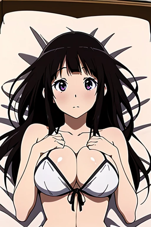 (anime cels style, megami magazine, poster style, best quality, high resolution, sharp image, 8k wallpaper, masterpiece), (beautiful detailed eyes, beautiful detailed face), Chitanda Eru, (black hair, long hair), blush, (huge breasts), white bikini, (upper body, lying, on back, lie on bed:1.5), simple background, (perfect detailed anatomy, perfect detailed body, perfect arms, perfect fingers, shiny skin)