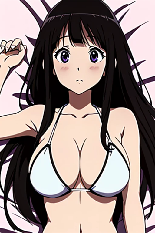 (anime cels style, megami magazine, poster style, best quality, high resolution, sharp image, 8k wallpaper, masterpiece), (beautiful detailed eyes, beautiful detailed face), Chitanda Eru, (black hair, long hair), blush, (huge breasts), white bikini, (upper body, lying, on back, lie on bed:1.5), simple background, (perfect detailed anatomy, perfect detailed body, perfect arms, perfect fingers, shiny skin)