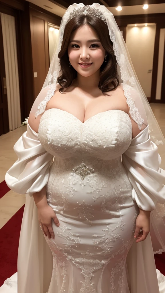 (8k, ultra-high resolution, highest quality, masterpiece:1.2), ultra-realistic, (realistic, photorealistic:1.37), (realistic skin:1.2), ultra-detailed, Canon EOS RP, 8k, Korean mature woman, smiling, (super obese:1.2), (((super curvy,))) ((super voluptuous,)) adult model, standing still, ((full body shot:1.4)), thick ankles, (short hair), (wedding dress:1.5), (wedding venue), (wedding ceremony),