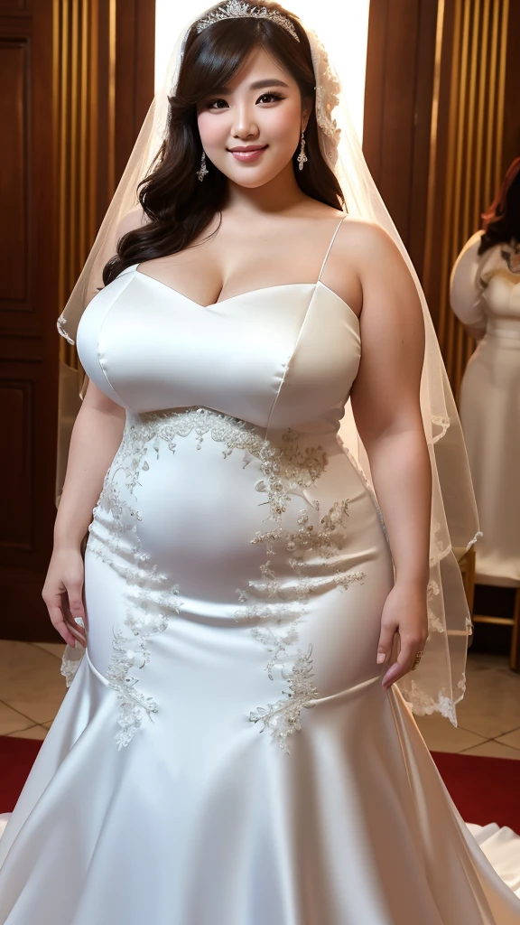 (8k, ultra-high resolution, highest quality, masterpiece:1.2), ultra-realistic, (realistic, photorealistic:1.37), (realistic skin:1.2), ultra-detailed, Canon EOS RP, 8k, Korean mature woman, smiling, (super obese:1.2), (((super curvy,))) ((super voluptuous,)) adult model, standing still, ((full body shot:1.4)), thick ankles, (short hair), (wedding dress:1.5), (wedding venue), (wedding ceremony),