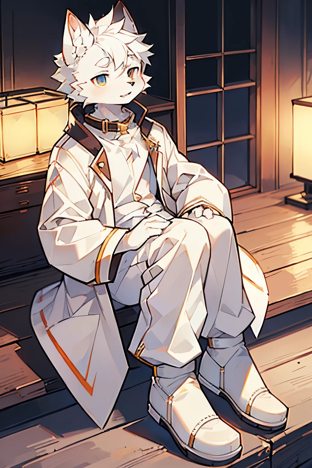 Exquisite lines，best quality。young，male，White Wolf Orcs，high，Long white coat，White trousers，White shoes，Wearing a black dog collar，Golden pupils，Background basement，night