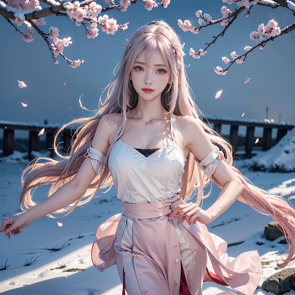 shenzi,1girl,long hair,pink hair,purple eyes,very long hair,hair_ornament,pink kimono ((cowboy shot)), ((Bare shoulder)), ((Short hemlines, sexy long legs)), realistic detailed photo of a giant breasted girl with exposed shoulders, detailed fingers, high quality skin, red eyes, alone in a winter scene with clouds, wind, and flowing hair, (best quality,4k,8k,highres,masterpiece:1.2),ultra-detailed,(realistic,photorealistic,photo-realistic:1.37),studio lighting,vivid colors
