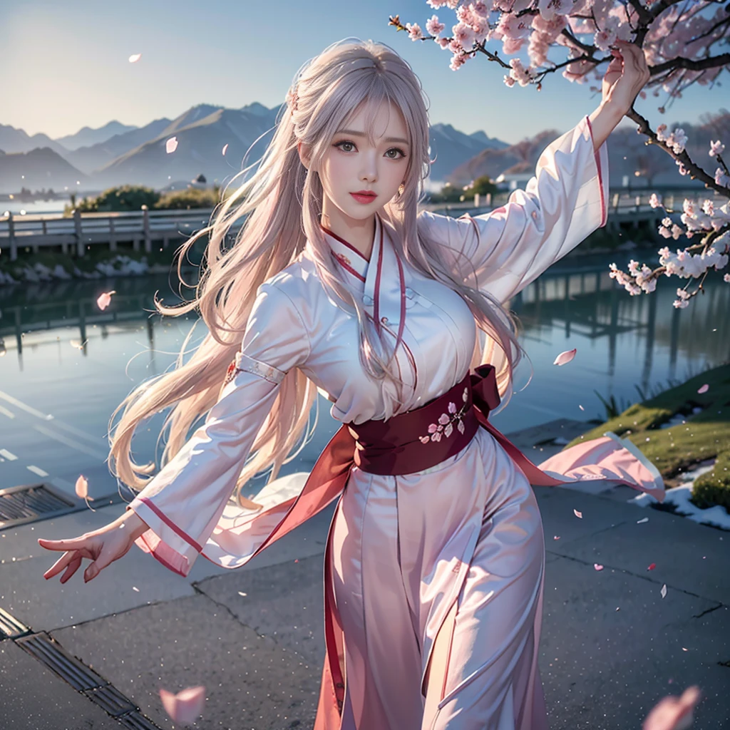 ((logo, masterpiece, 8k, table top, RAW photo, wonderful, 最high quality, Photorealistic and hvery detailed CG integrated 8k wallpaper, high quality, very detailed, Narrative poem, particle effects, dynamic effects, Depth of written boundary, cinematic light, Lens flare, ray tracing, anatomically accurate)), fantasy, 1 beautiful woman, ((light pink hair)), clear eyes, long hair, beautiful face, real face, Detailed and beautiful eyes, beautiful skin, ((dancing woman, Gracefully dancing woman, Dancing woman in a snowy landscape, Violently dancing woman)), ((long hairがWindでなびく, long hairが跳ねる, long hairがWindで踊る)), hair jump, jewelry, beautiful eyes, white kimono, white obi, White cherry blossom embroidery pattern, silver earrings, Light is shining, ((cherry blossoms, cherry blossomsの木, cherry blossomsの花びらが舞う, cherry blossoms snowstorm, falling petals)), blue sky and white clouds background, Vast Wind Scenery, Wind, grassland, Vast land in mythology, Spectacular view, Beautiful natural wind scenery, hair color is light pink, cherry blossomsの花びらが舞う, cherry blossomsの木
