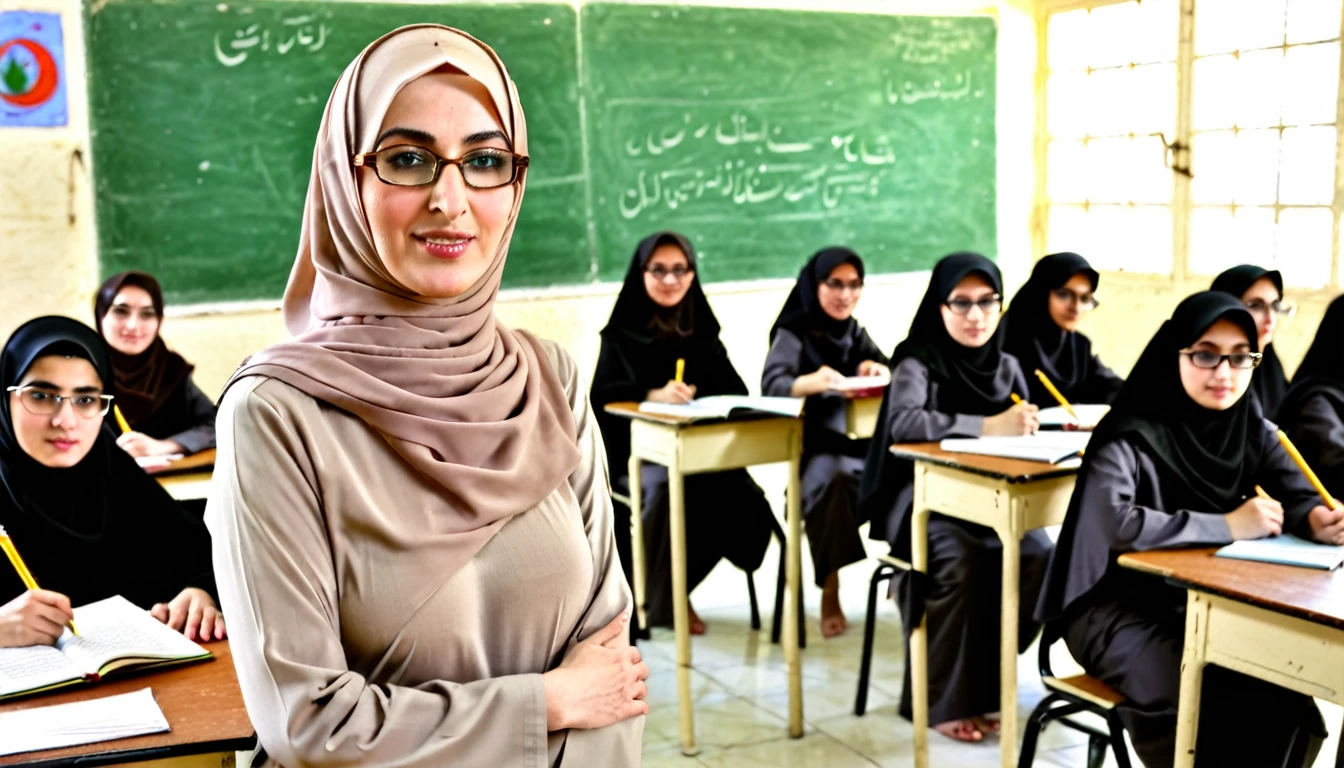 Hot older pale skin glasses Arab mature woman in hijab nude arm nude shoulder breasts nude standing between naked students in classroom 