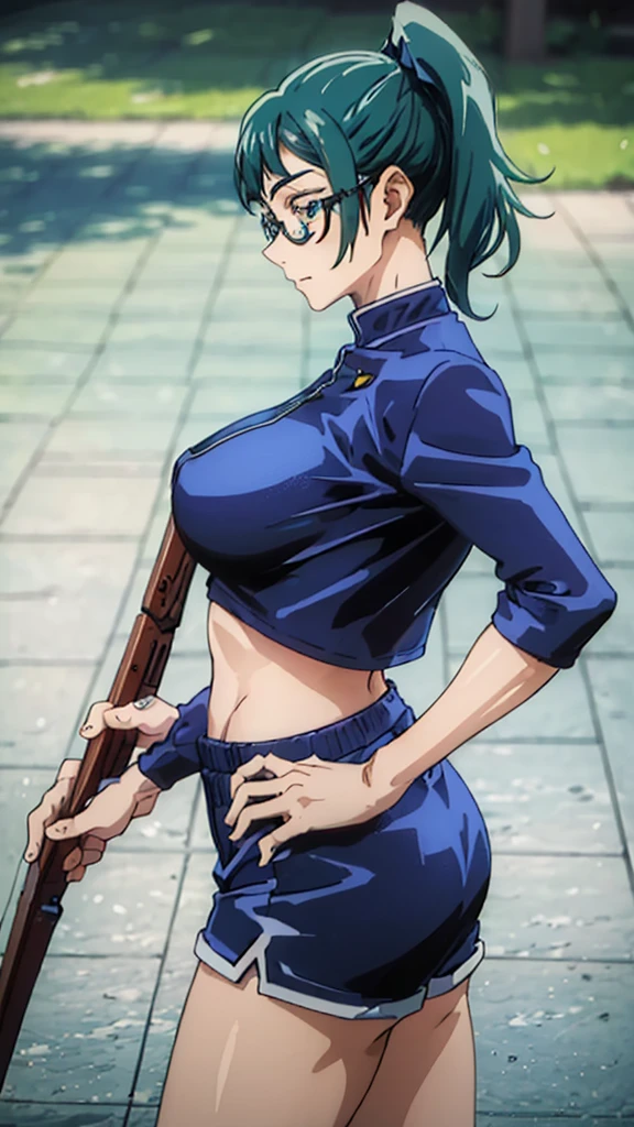 ((best quality)), ((masterpiece)), (detailed), perfect face, blue top, crop top, blue fitted dolphin shorts, huge breasts, huge ass , green hair, pony tail