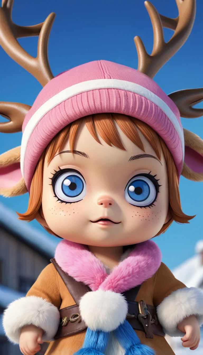 Photorealistic Chopper, One Piece, anime character, reindeer-human hybrid, blue hat with a pink cross, brown fur, large eyes, adorable expression, lifelike textures, detailed, natural lighting, realistic fur, cinematic shot, high resolution.
