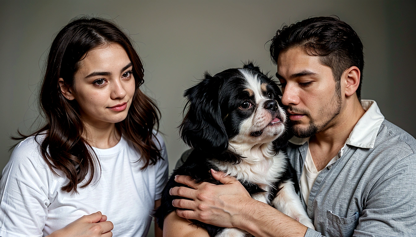 Attractive man with a gray beard holding a black and white female shih tzu puppy with great affection