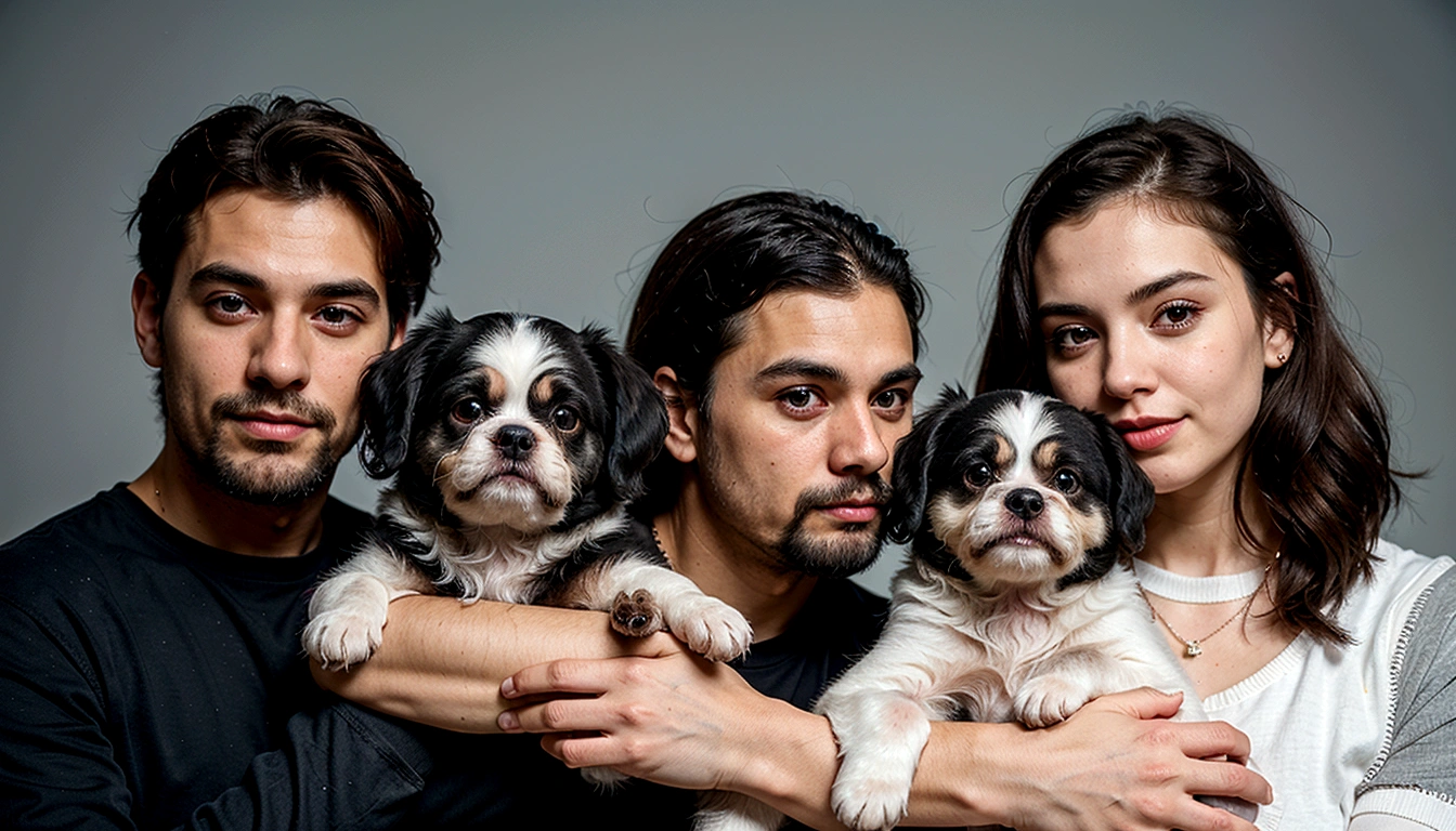 Attractive man with a gray beard holding a black and white female shih tzu puppy with great affection